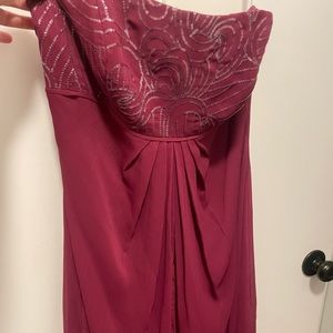Burgundy & sequin strapless knee length bridesmaids dress